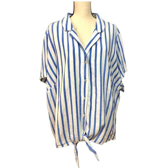 Ava & Viv Women's Linen Blend Button Up Shirt Top Blouse White Stripe Size 4X - Picture 1 of 15